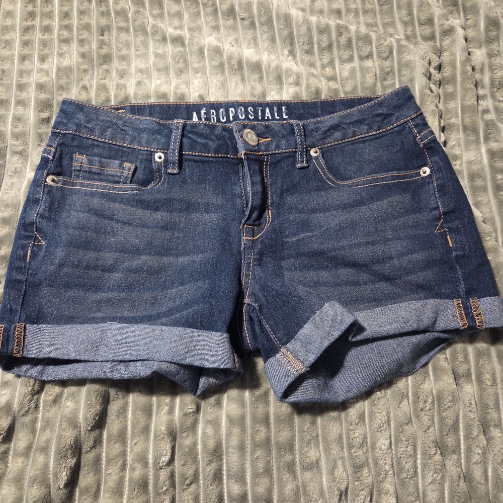 Aeropostale Womens Midi Denim Shorts Dark Wash Cuffed Size 2 Y2K Boho Casual